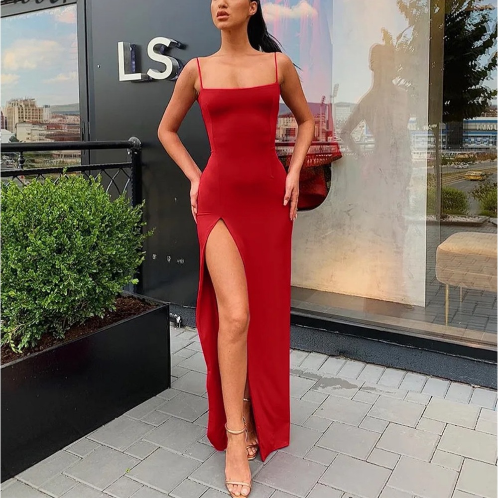 Sexy red dress maxi Side slit skinny straps NWT